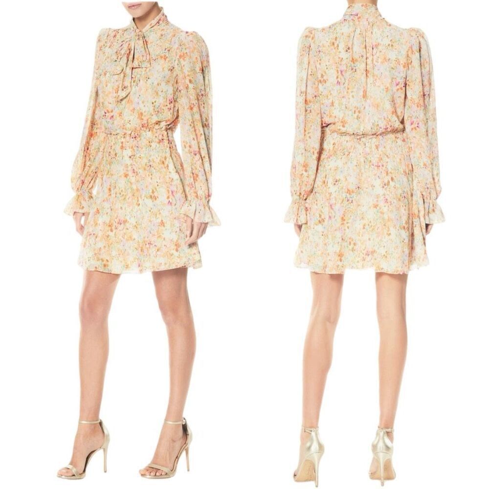 NWT ML Monique Lhuillier light tan w/Floral long sleeves tie-neck chiffon minidr